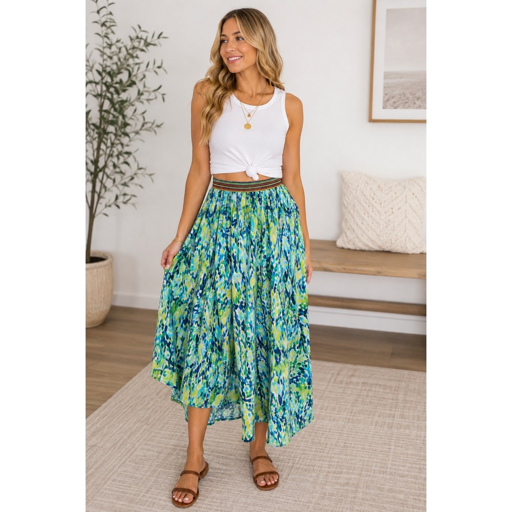 Melissa Paige Abstract Watercolor Maxi Skirt Blue Green Boho M